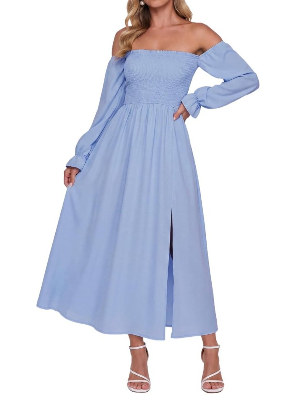 Women's Light Blue Off Shoulder Long Sleeve Boho Flowy Wedding Guest Maxi Dress